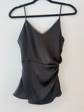 Black Satin Draped Cami Top | Lace Trim | Side Zip | Adjustable Straps | Size XS